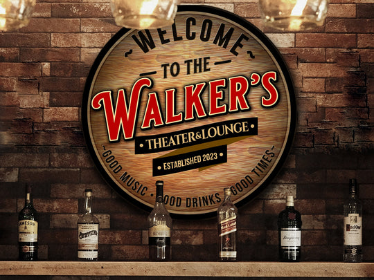 Personalized Theater & Lounge Sign | Round Metal Sign | Man Cave Wall Décor | Personalized Theater | Home Bar Accessories | Custom Bar Sign