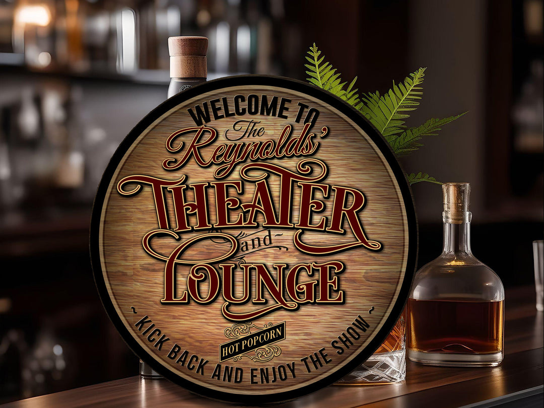 Family Theater Lounge Round Sign | Round Home Theater Sign | Metal Family Name Sign | Family Game Room Sign | Customized Family Sign Gift