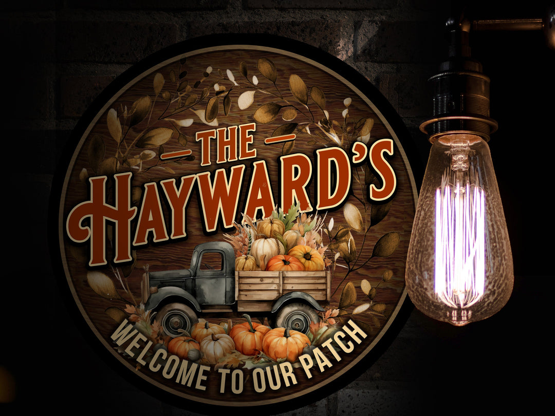 Round Metal Pumpkin Truck Sign | Personalized Pumpkin Truck Sign | Family Name Sign | Personalized Sign | Fall Harvest Family Name Sign