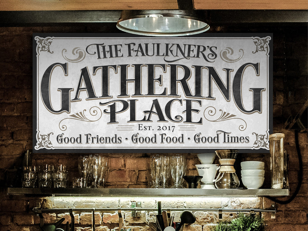 Vintage Gathering Place Sign, Personalized Gathering Place, Large Canvas Gathering Place, Family Name Gathering Place Wall Decor