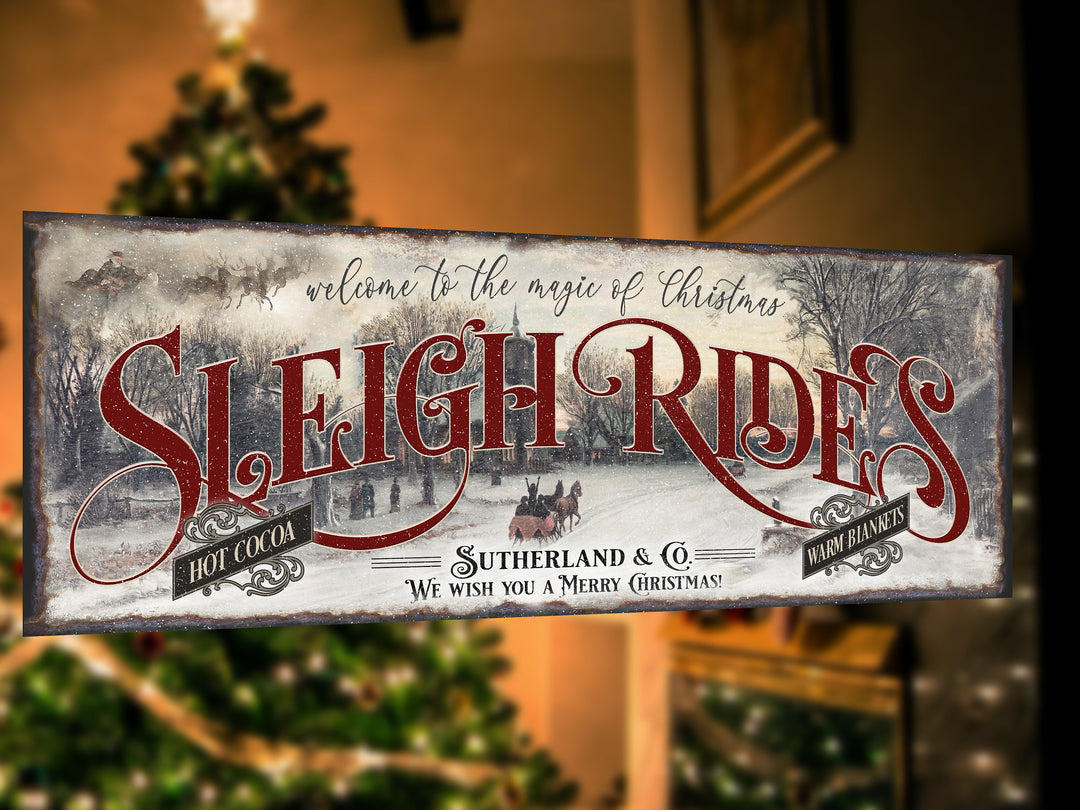 Personalized Sleigh Rides Christmas Sign | Magic of Christmas Sign | Santa Sleigh Christmas Sign | Large Christmas Sign | Large Metal Sign