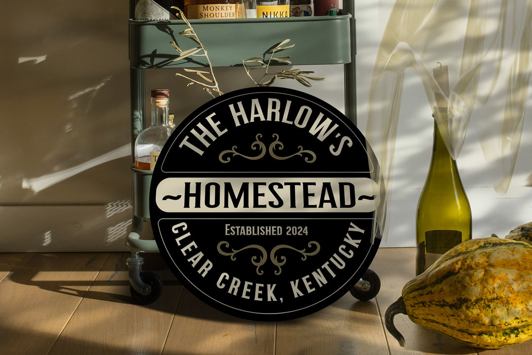 Personalized solid wood, circle round Homestead sign.  Customized with your family name and established date.