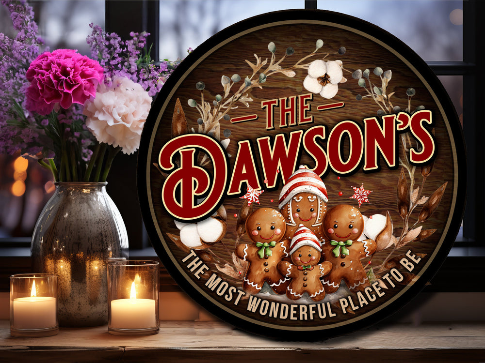 Round Metal Gingerbread Sign | Round Metal Christmas Sign | | Personalized Family Name Sign | Personalized Sign | Gingerbread Family Sign