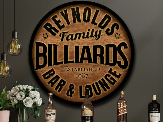 Round Metal Billiards Sign | Personalized Billiard Sign | Bar Décor | Family Name Sign | Custom Name Bar Sign | Customized Family Sign Gift