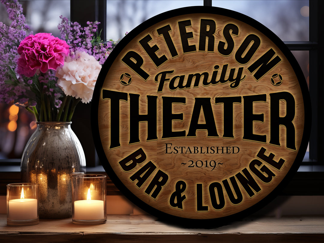 Round Metal Family Theater and Lounge Sign | Personalized Theater Signs | Bar Décor Sign | Custom Theater Sign | Customized Family Sign Gift