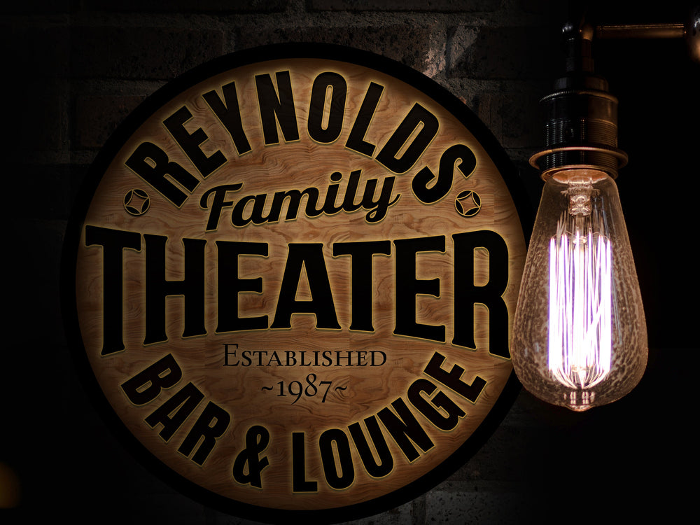 Round Metal Family Theater and Lounge Sign | Personalized Theater Signs | Bar Décor Sign | Custom Theater Sign | Customized Family Sign Gift