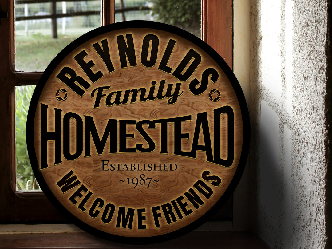 Round Metal Homestead Sign, Personalized Homestead Sign, Farmhouse Décor, Family Name Homestead Sign
