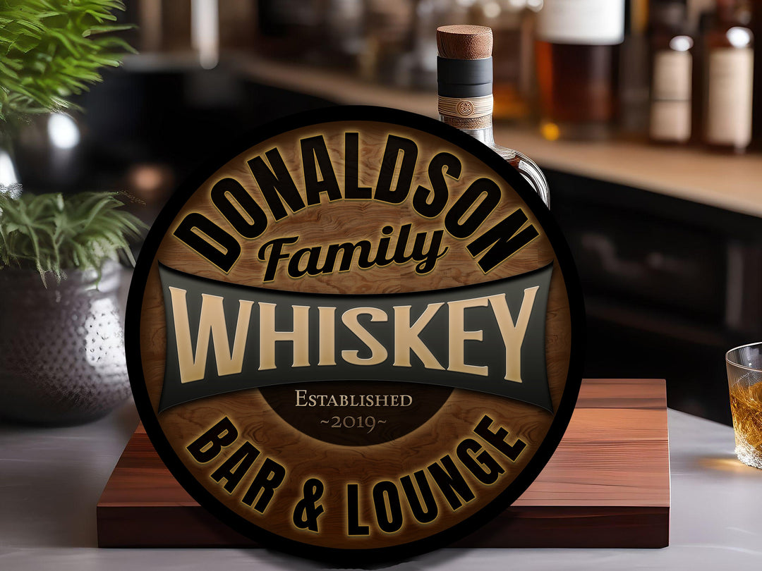 Round Whiskey Bar Sign | Round Metal Signs | Bar Décor | Personalized Whiskey Sign | Custom Name Bar Sign | Customized Family Sign Gift