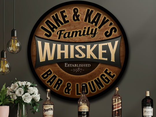 Round Whiskey Bar Sign | Round Metal Signs | Bar Décor | Personalized Whiskey Sign | Custom Name Bar Sign | Customized Family Sign Gift
