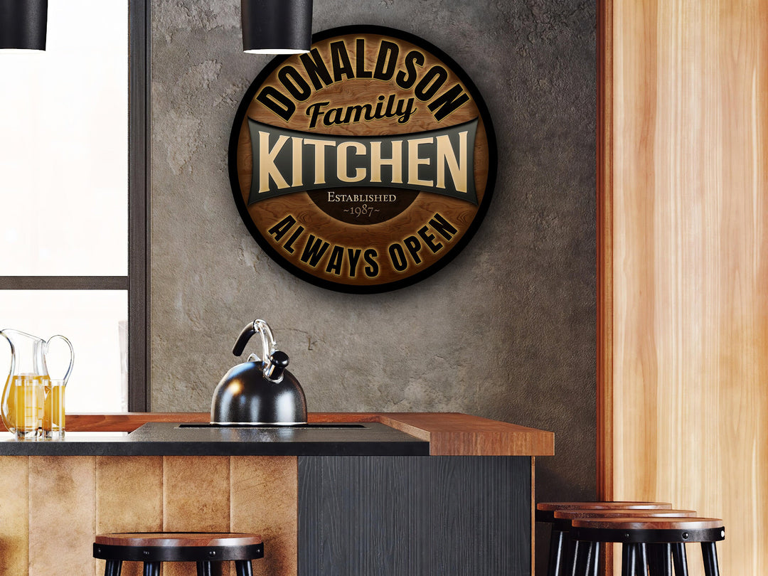 Personalized Family Kitchen sign made from solid, round wood.