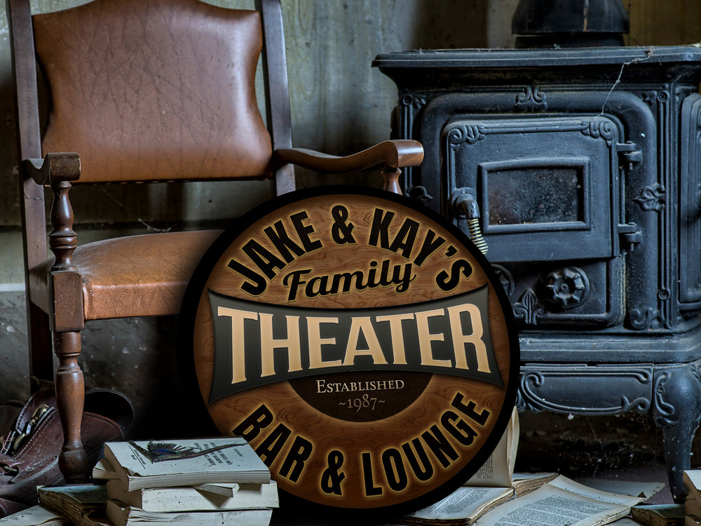 Round Metal Family Theater and Lounge Sign | Round Metal Signs | Theater Décor Sign | Custom Theater Sign | Customized Family Sign Gift