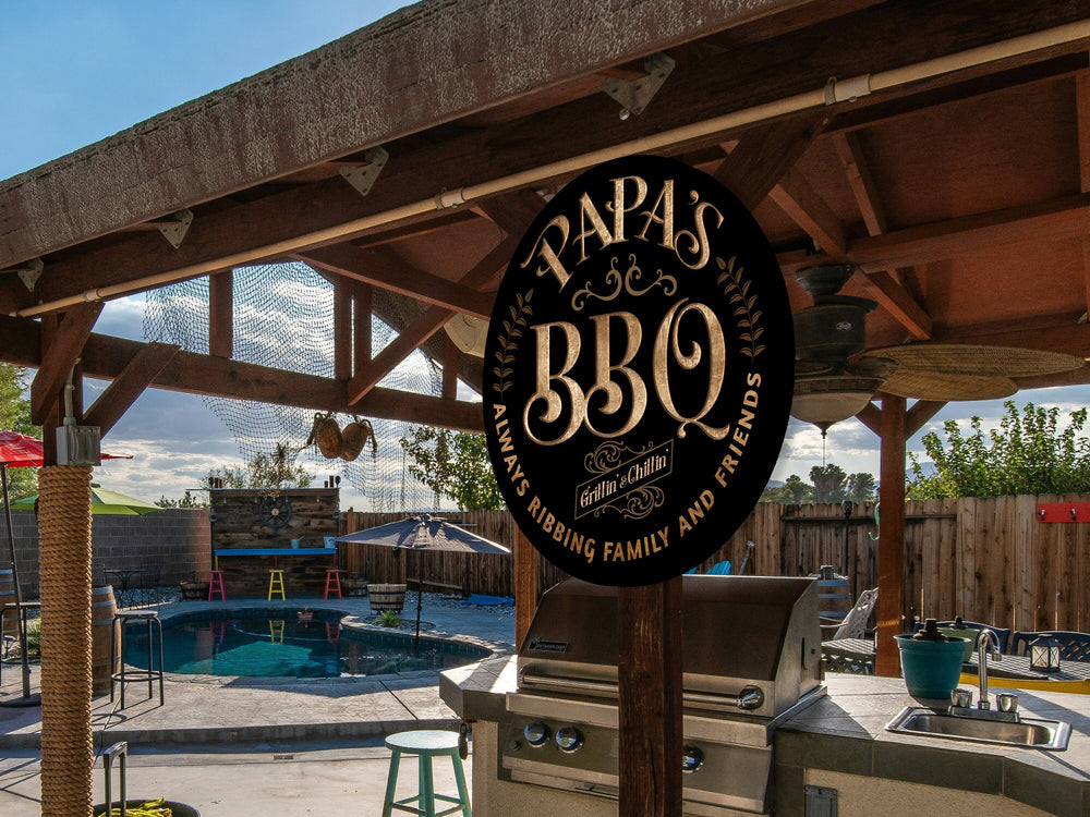 Personalized Round, Metal BBQ Sign | Family Grill Sign | Backyard Grill Sign | Patio BBQ Pit | Round Metal BBQ Sign | Metal Patio Sign