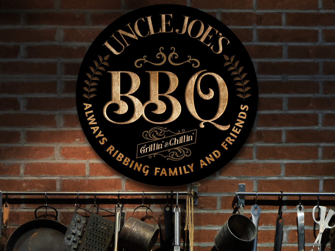Personalized BBQ Grill Sign on round metal.