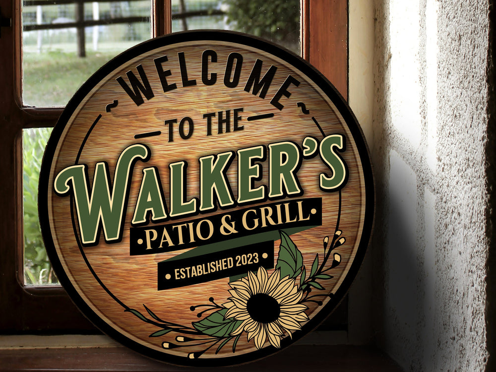 Round Metal Patio & Grill Sign | Round Metal Sign | Personalized Family Name Sign | Custom Name Patio Sign | Metal Family Name Sign Gift