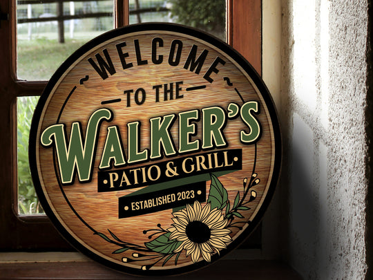 Round Metal Patio & Grill Sign | Round Metal Sign | Personalized Family Name Sign | Custom Name Patio Sign | Metal Family Name Sign Gift