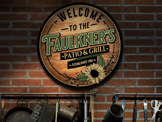 Round Solid Wood Patio & Grill Sign personalized with your family name and established year.