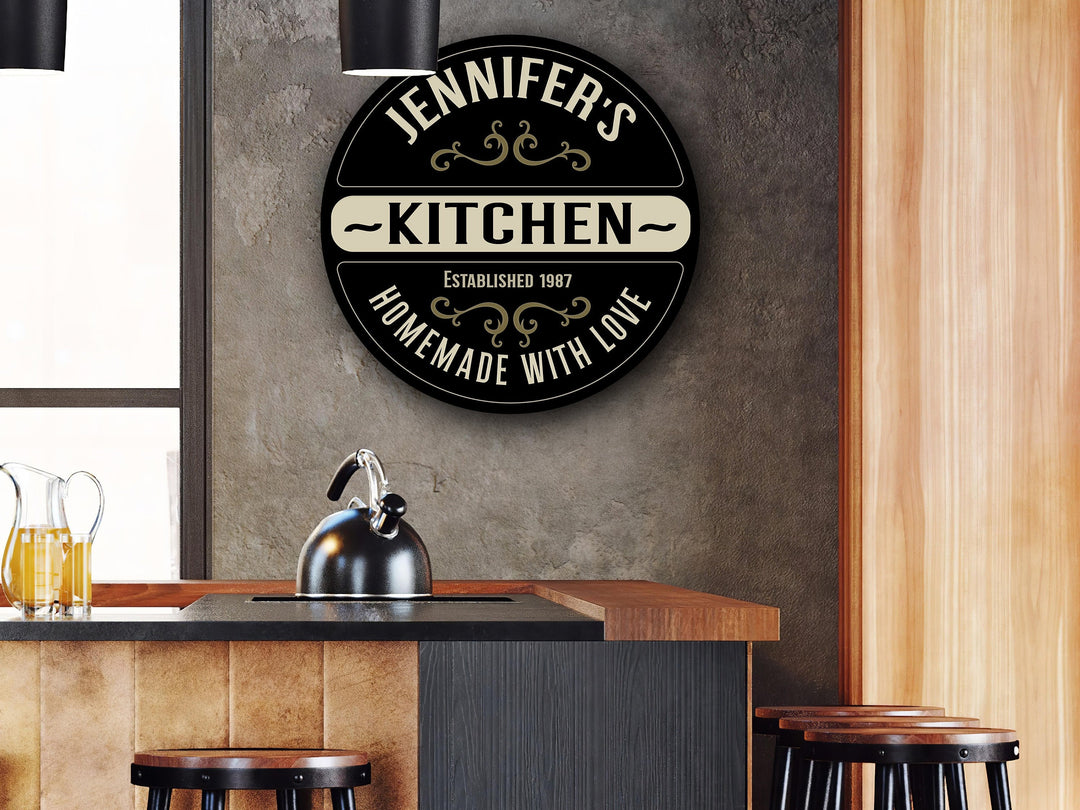 Personalized, wooden kitchen sign.  Round wood kitchen sign customized with your name and Established Year.