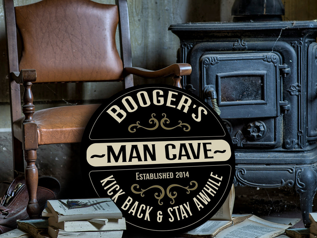 Personalized, solid wood, round, man cave sign.
