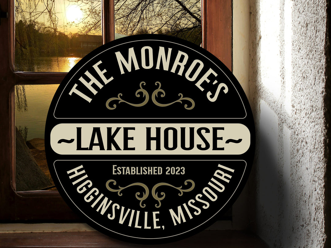 Solid wood circle, family lake house sign personalized with your family name and established year.