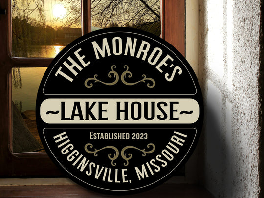 Solid wood circle, family lake house sign personalized with your family name and established year.