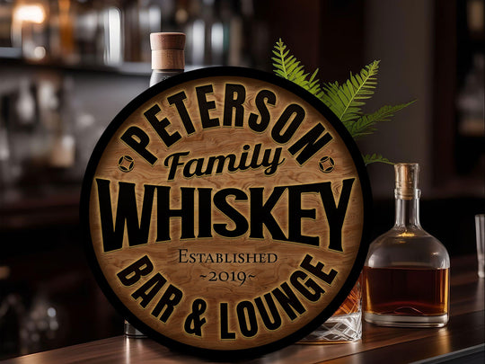 Round Metal Whiskey Bar Sign | Round Metal Signs | Bar Décor | Personalized Whiskey Sign | Custom Name Bar Sign | Customized Family Gift