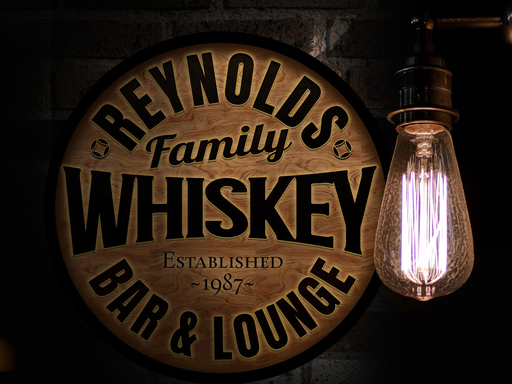 Round Metal Whiskey Bar Sign | Round Metal Signs | Bar Décor | Personalized Whiskey Sign | Custom Name Bar Sign | Customized Family Gift
