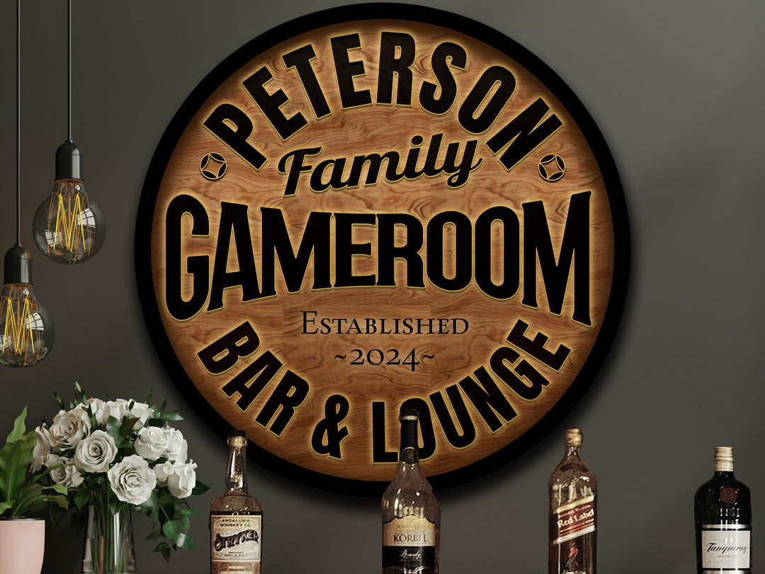 Round Metal Game Room Sign | Round Family Name Signs | Wooden Family Name Sign | Custom Name Bar Sign | Customized Family Sign Gift