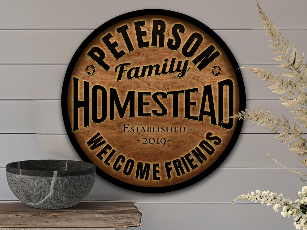 Round Metal Homestead Sign, Personalized Homestead Sign, Farmhouse Décor, Family Name Homestead Sign