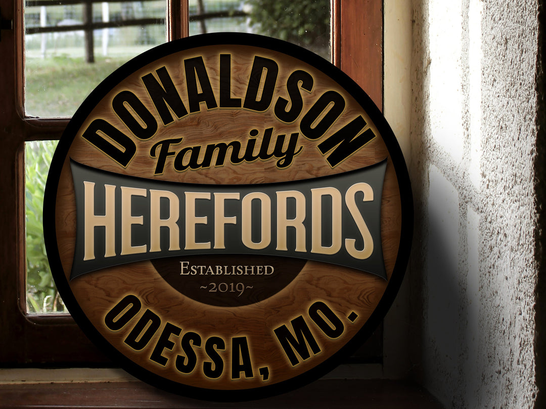 Round Metal Hereford Cattle Sign | Personalized Hereford Farm Sign | Cattle Farm Decor | Custom Cattle Sign | Customized Family Sign Gift