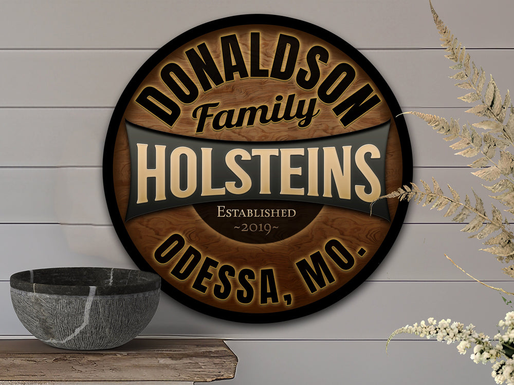 Round Metal Holstein Farm Sign | Family Name Holstein Farm Sign | Dairy Farm Decor | Custom Cattle Sign | Customized Family Sign Gift
