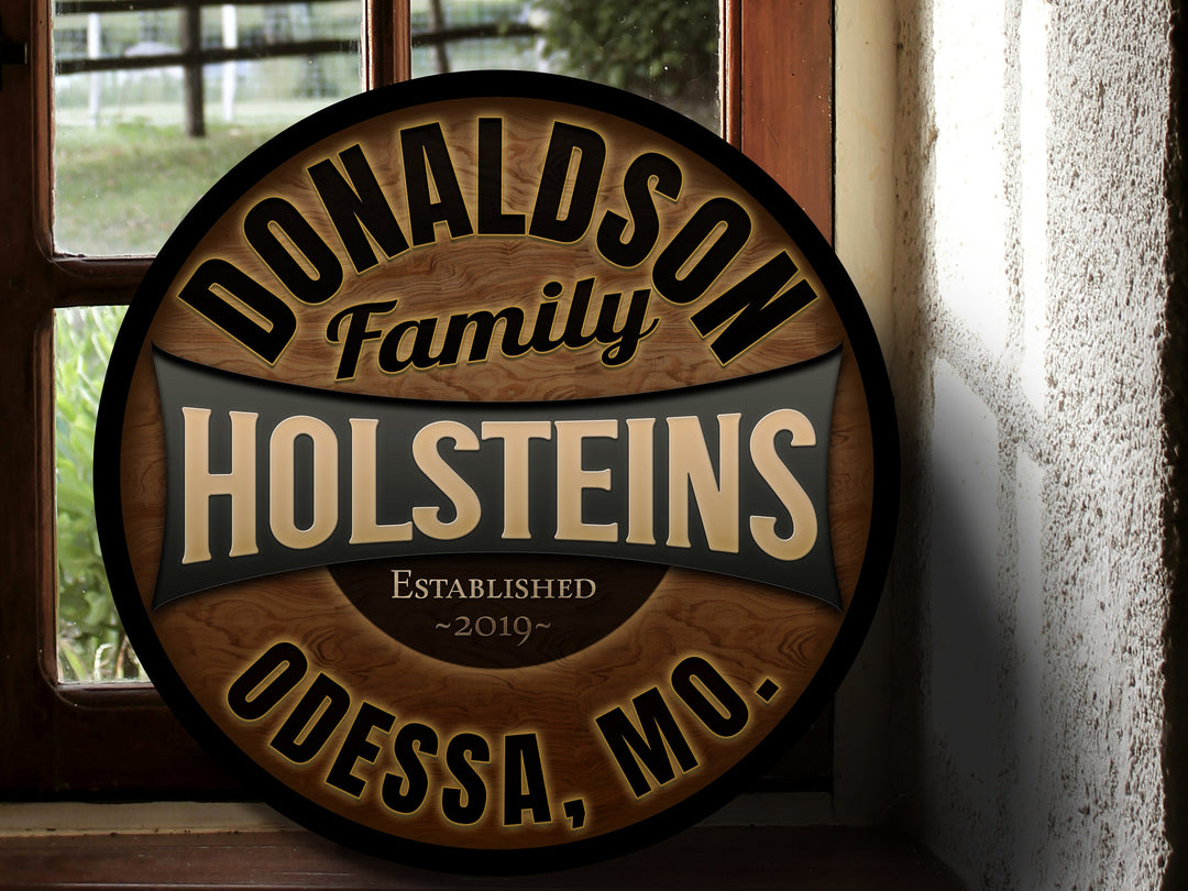 Round Metal Holstein Farm Sign | Family Name Holstein Farm Sign | Dairy Farm Decor | Custom Cattle Sign | Customized Family Sign Gift