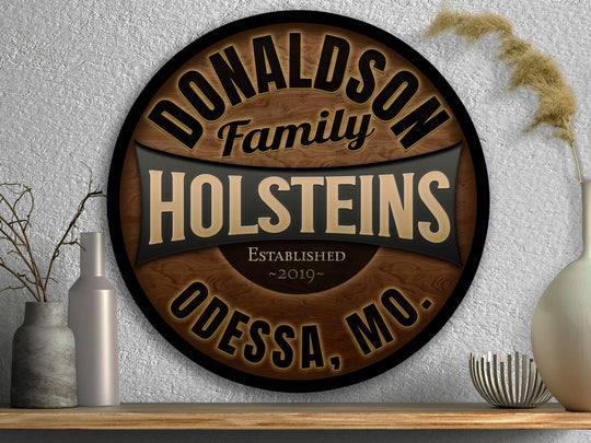 Round Metal Holstein Farm Sign | Family Name Holstein Farm Sign | Dairy Farm Decor | Custom Cattle Sign | Customized Family Sign Gift