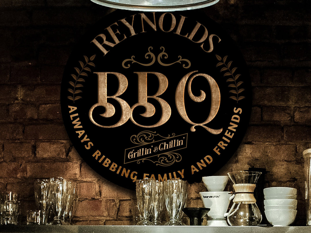 Personalized Round, Metal BBQ Sign | Family Grill Sign | Backyard Grill Sign | Patio BBQ Pit | Round Metal BBQ Sign | Metal Patio Sign