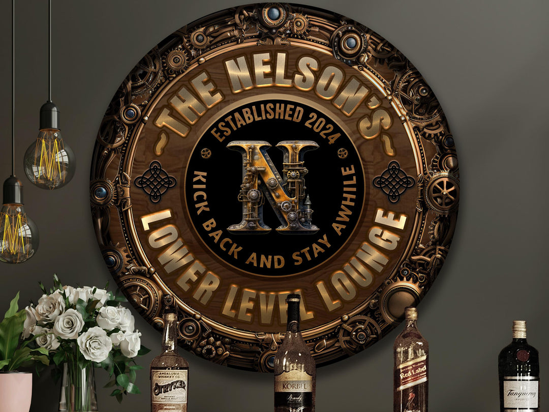 Personalized Steampunk Bar Sign | Round Metal Lower Level Bar Sign | Family Basement Bar Sign | Round Metal Steampunk Sign | Metal Bar Sign
