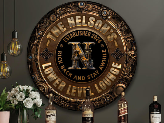 Personalized Steampunk Bar Sign | Round Metal Lower Level Bar Sign | Family Basement Bar Sign | Round Metal Steampunk Sign | Metal Bar Sign