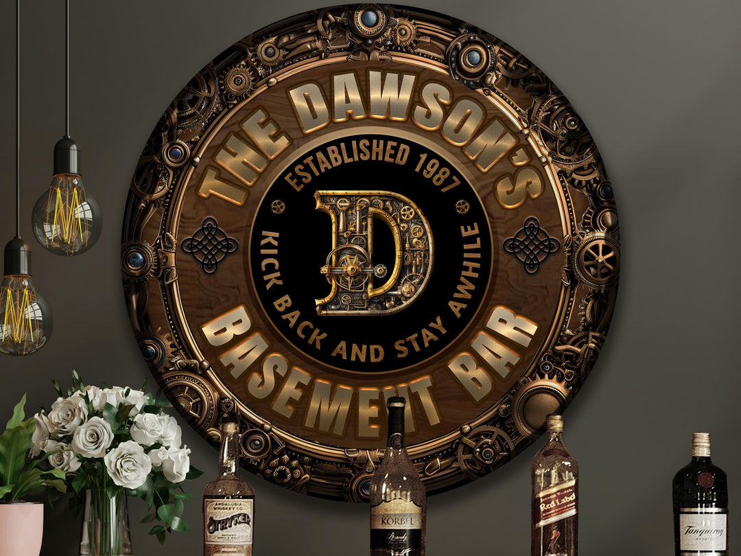 Personalized Steampunk Basement Bar Sign | Round Metal Basement Bar Sign | Family Basement Bar Sign | Round Steampunk Sign | Metal Bar Sign