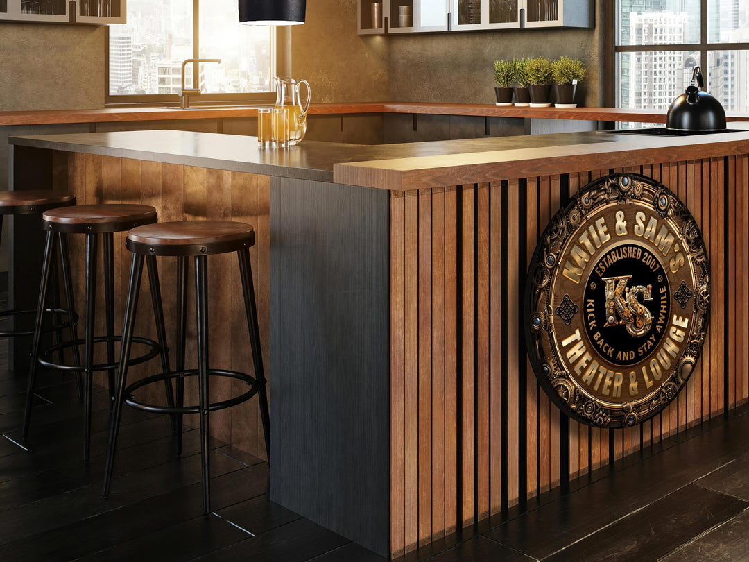 Personalized Steampunk Theater Sign | Round Metal Family Theater & Lounge Sign | Family Theater Sign | Round Steampunk Sign | Metal Bar Sign
