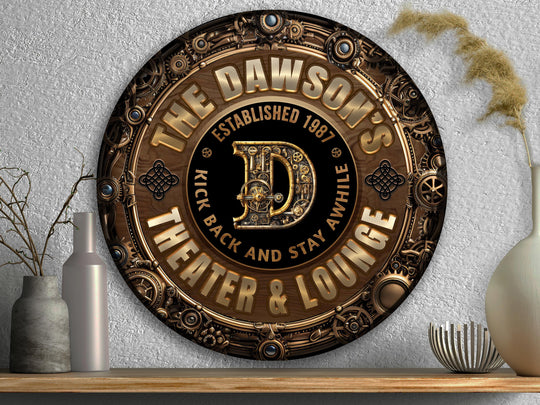 Personalized Steampunk Theater Sign | Round Metal Family Theater & Lounge Sign | Family Theater Sign | Round Steampunk Sign | Metal Bar Sign
