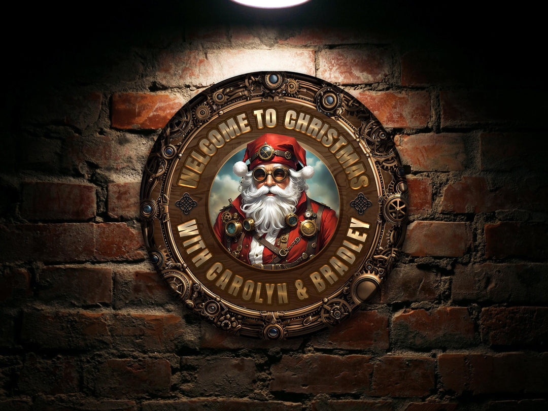 Personalized Steampunk Christmas Sign | Round Metal Santa Clause Sign | Family Christmas Sign | Round Steampunk Sign | Metal Christmas Sign