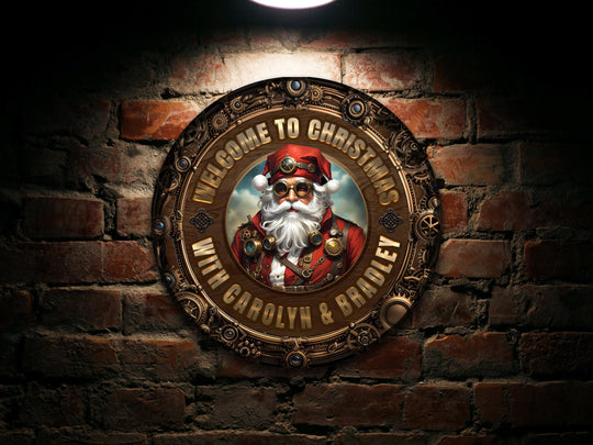 Personalized Steampunk Christmas Sign | Round Metal Santa Clause Sign | Family Christmas Sign | Round Steampunk Sign | Metal Christmas Sign