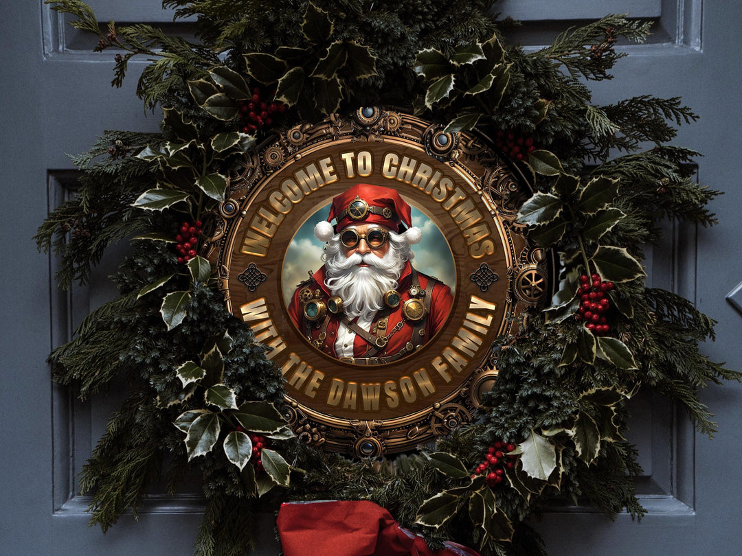 Personalized Steampunk Christmas Sign | Round Metal Santa Clause Sign | Family Christmas Sign | Round Steampunk Sign | Metal Christmas Sign