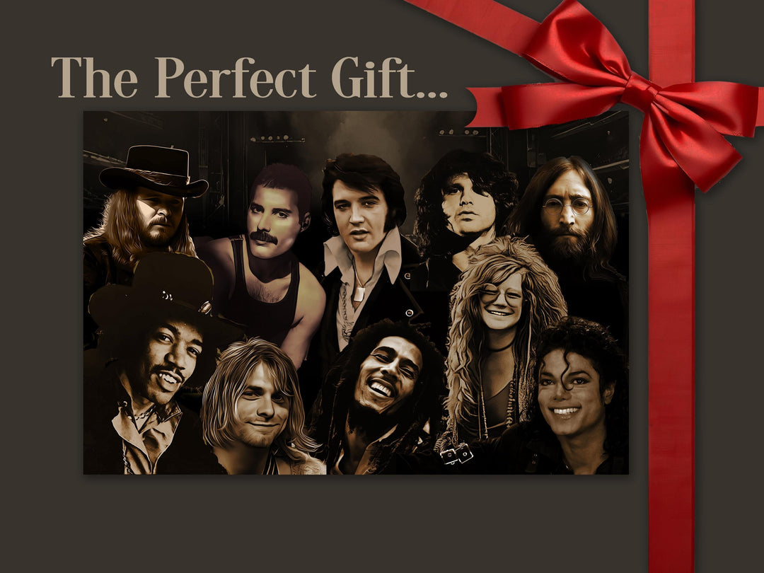 Vintage wall art - Legends of Music. 
This oil art portrays, Ronnie Van Zant art, Freddie Mercury art, Elvis Presley art, Jim Morrison art, John Lennon art, Jimi Hendrix art, Kurt Cobain art, Bob Marley art, Janis Joplin art, Michael Jackson art.