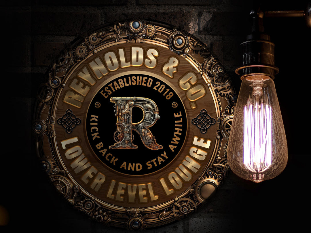 Personalized Steampunk Bar Sign | Round Metal Lower Level Bar Sign | Family Basement Bar Sign | Round Metal Steampunk Sign | Metal Bar Sign