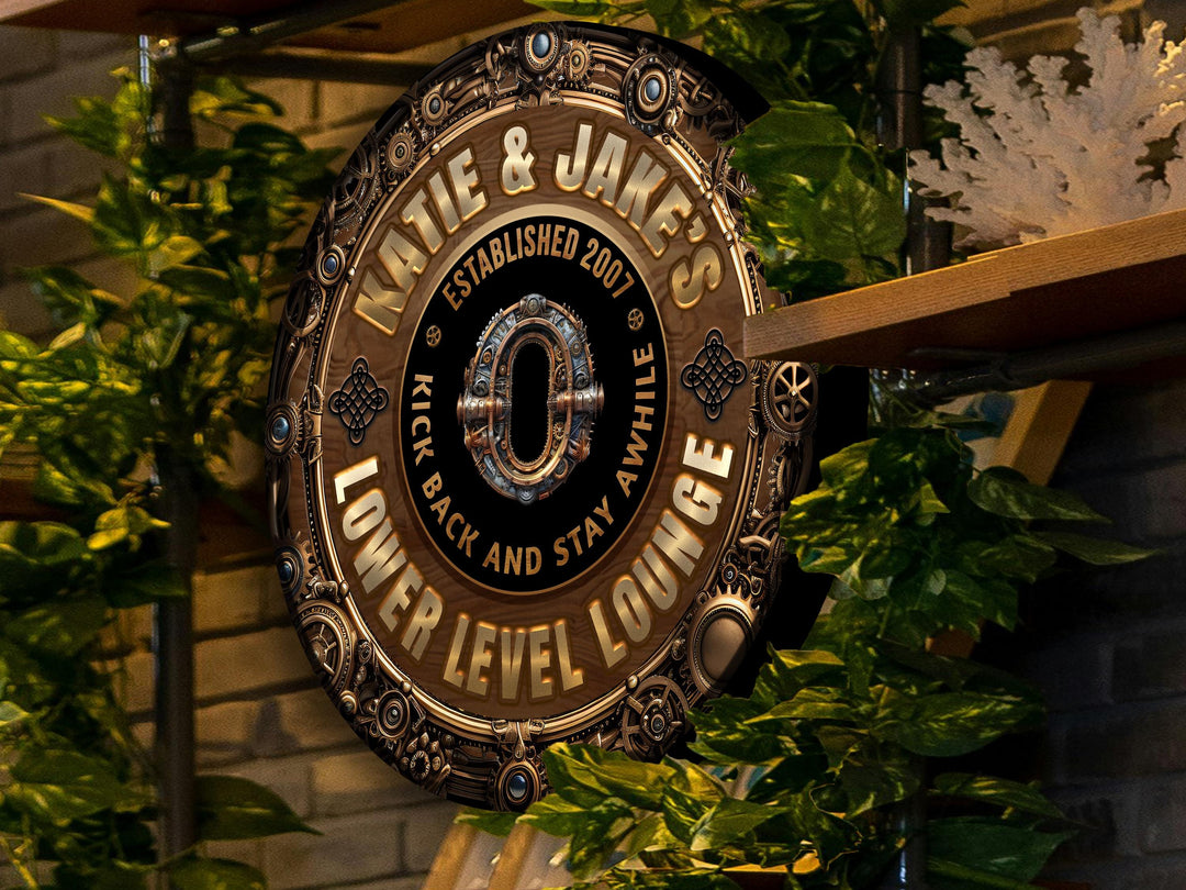 Personalized Steampunk Bar Sign | Round Metal Lower Level Bar Sign | Family Basement Bar Sign | Round Metal Steampunk Sign | Metal Bar Sign