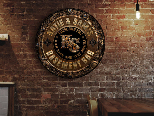 Personalized Steampunk Basement Bar Sign | Round Metal Basement Bar Sign | Family Basement Bar Sign | Round Steampunk Sign | Metal Bar Sign