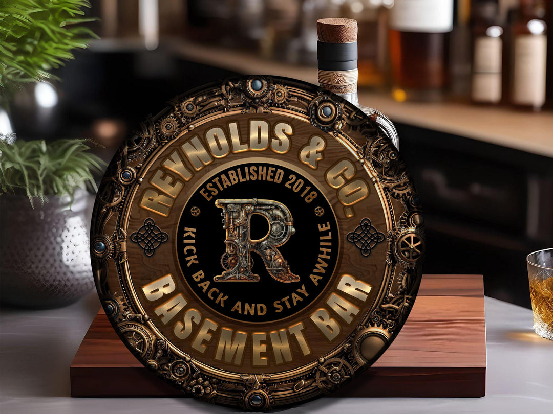 Steampunk Basement Bar Sign printed on round metal.