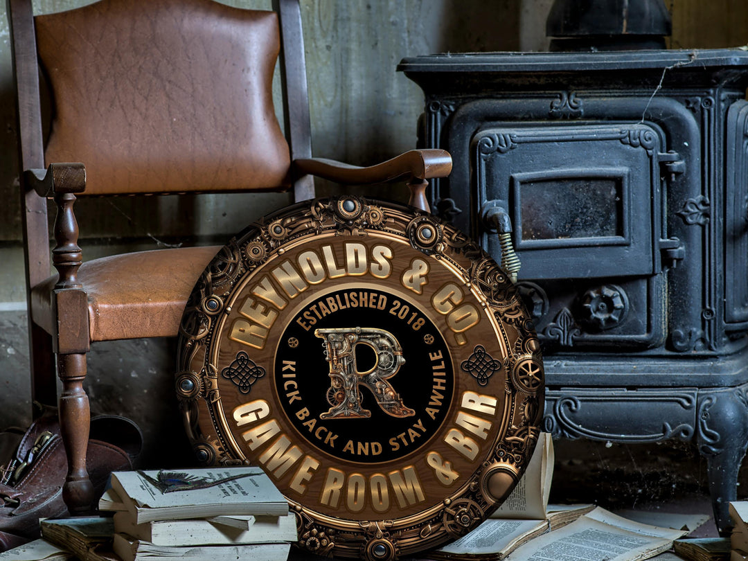 Personalized Steampunk Game Room Bar Sign | Round Metal Game Room Bar Sign | Family Gameroom Sign | Round Steampunk Sign | Metal Bar Sign
