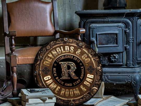 Personalized Steampunk Game Room Bar Sign | Round Metal Game Room Bar Sign | Family Gameroom Sign | Round Steampunk Sign | Metal Bar Sign