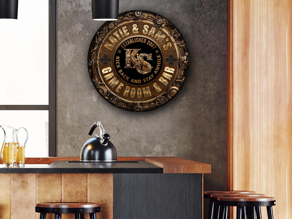 Personalized Steampunk Game Room Bar Sign | Round Metal Game Room Bar Sign | Family Gameroom Sign | Round Steampunk Sign | Metal Bar Sign
