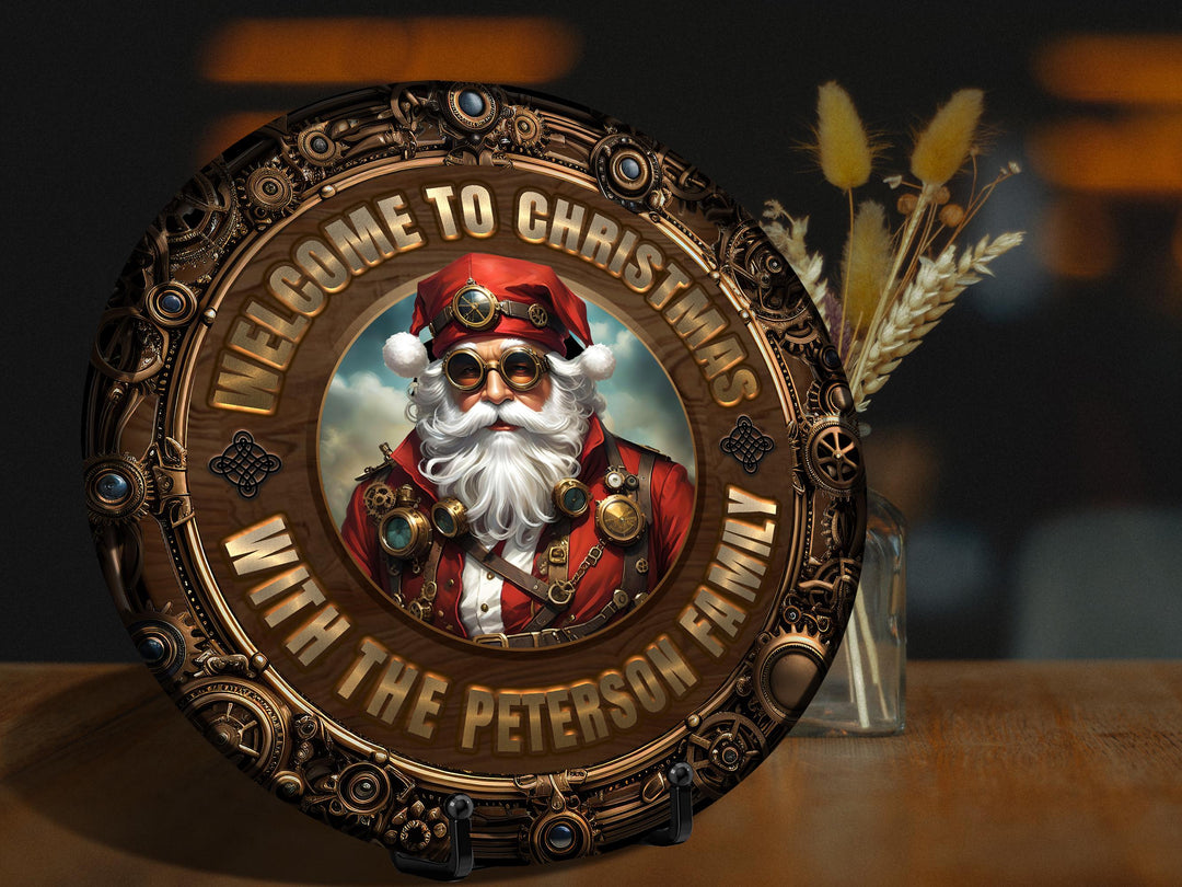 Personalized Steampunk Christmas Sign | Round Metal Santa Clause Sign | Family Christmas Sign | Round Steampunk Sign | Metal Christmas Sign